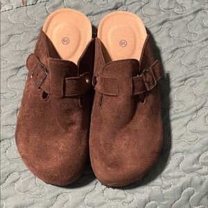 Brown Suede Clogs with Buckle